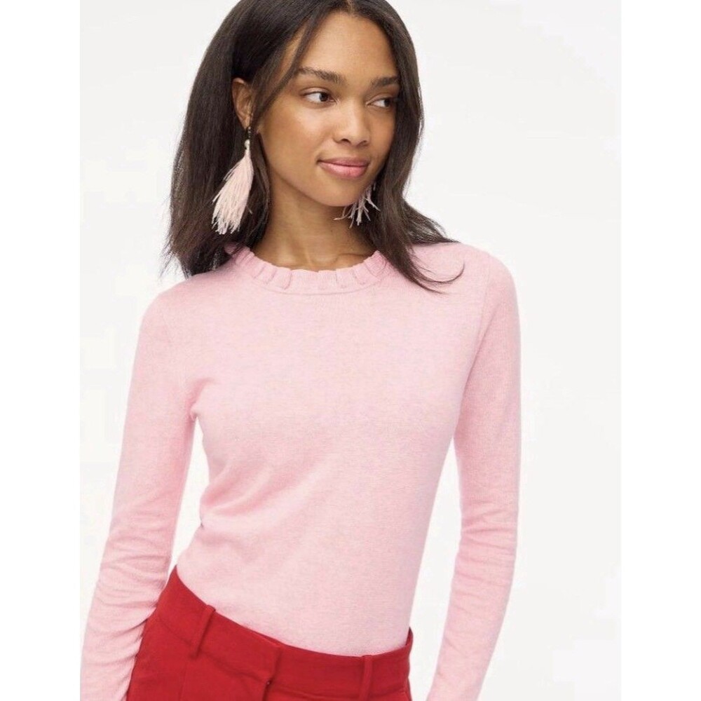 J.Crew Women’s Medium Pink Ruffle Neck Cotton Sweater 2023 Lightweight Knit Top